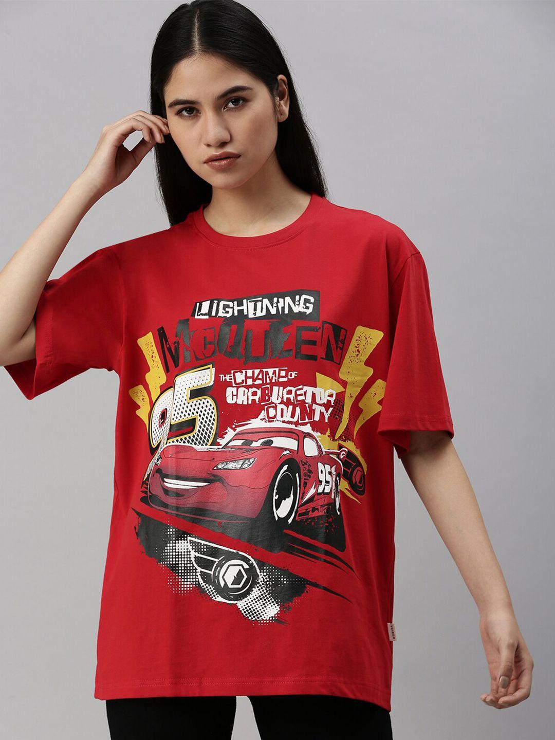 veirdo women red cars printed drop-shoulder sleeves loose t-shirt