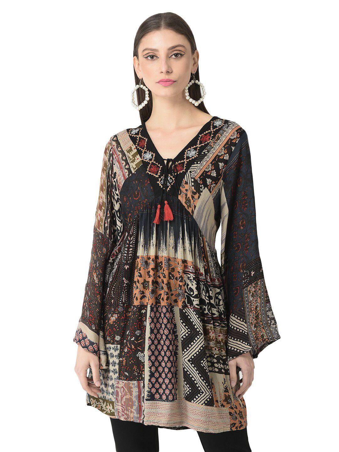 veldress black ethnic motifs print flared sleeve fit & flare dress