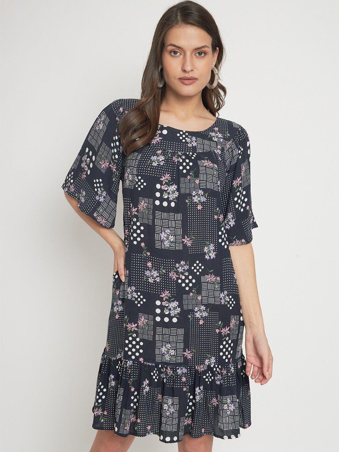 veldress blue floral print flared sleeve a-line dress