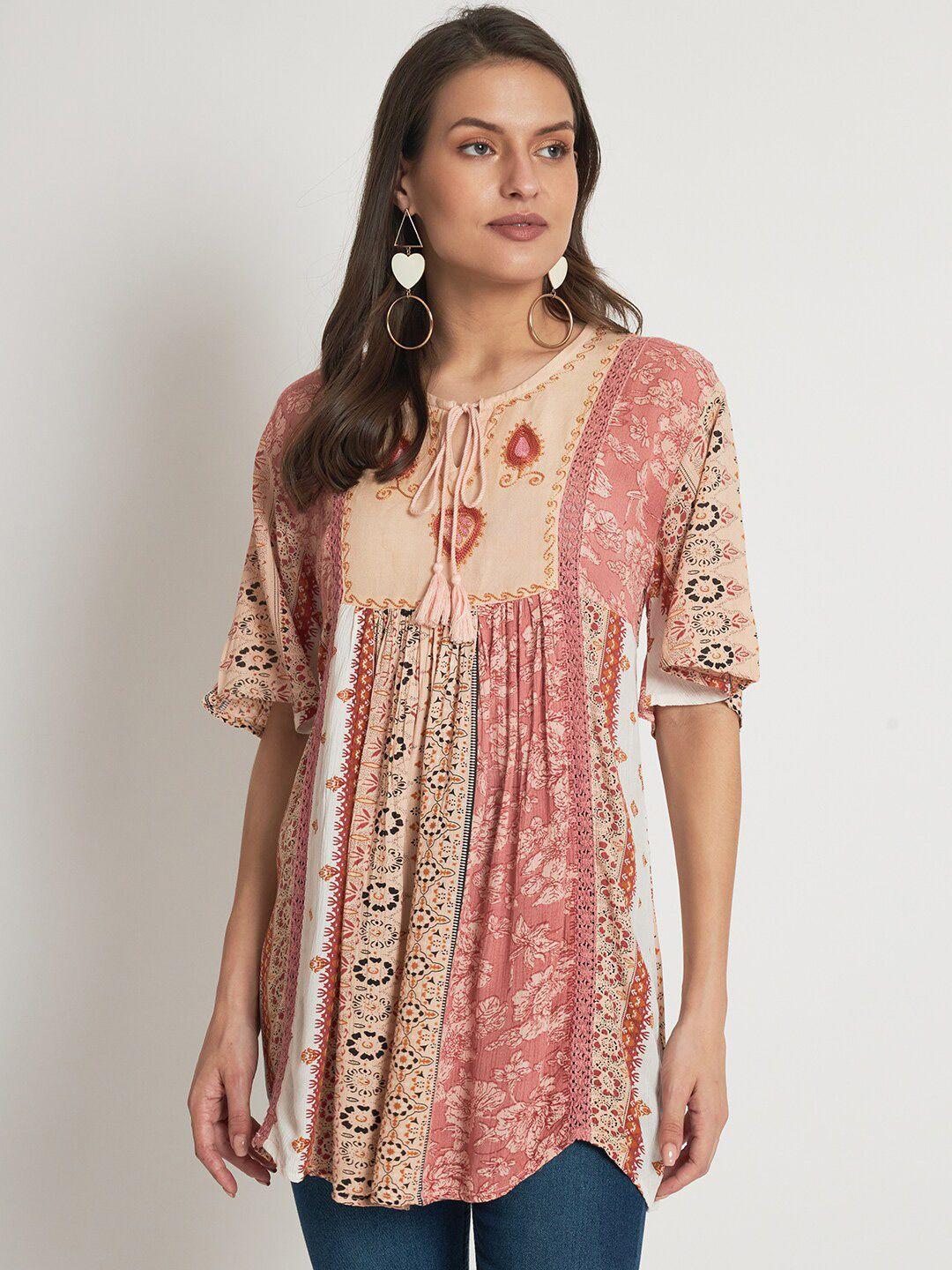 veldress ethnic motifs printed tie-up neck longline top