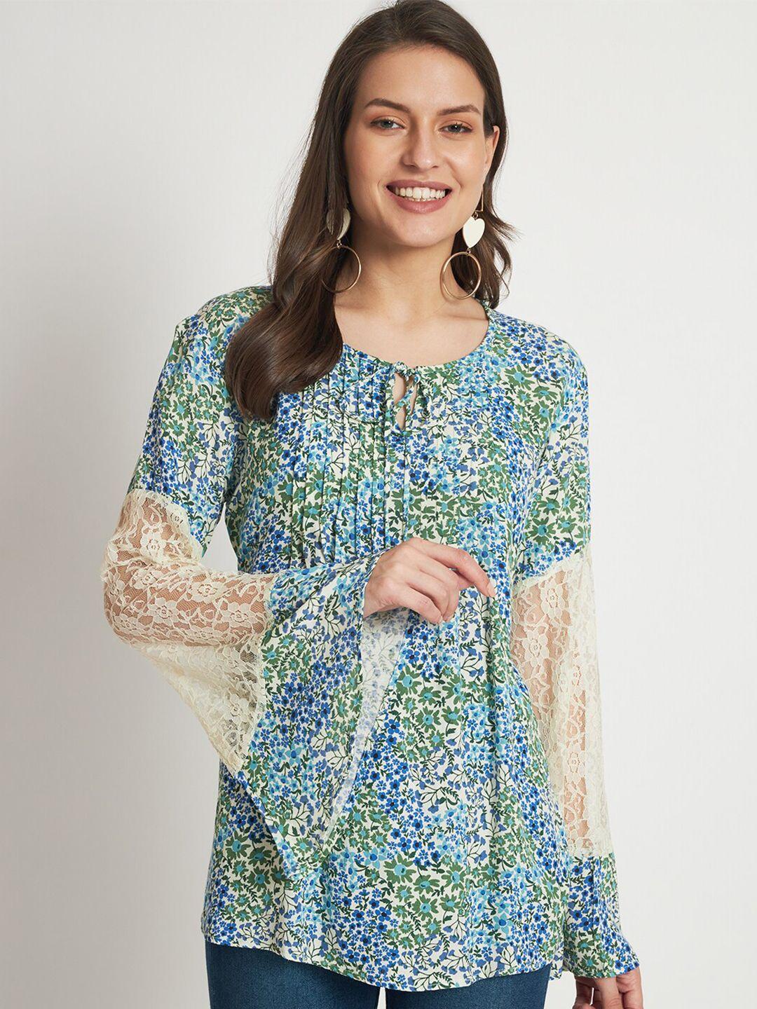 veldress floral printed tie-up neck bell sleeve pleated top