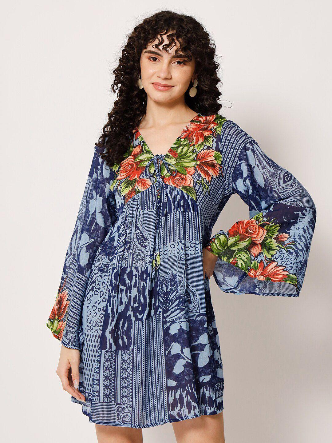 veldress floral printed v-neck bell sleeve empire dress