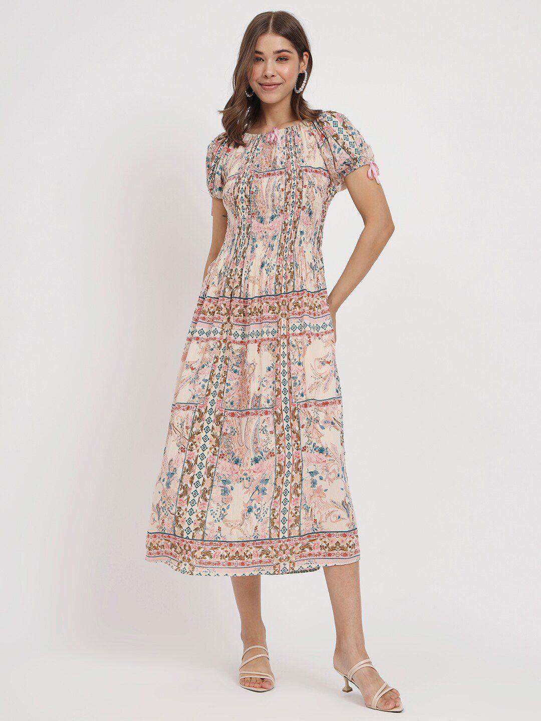 veldress multicoloured ethnic motifs print ruffled fit & flare midi dress