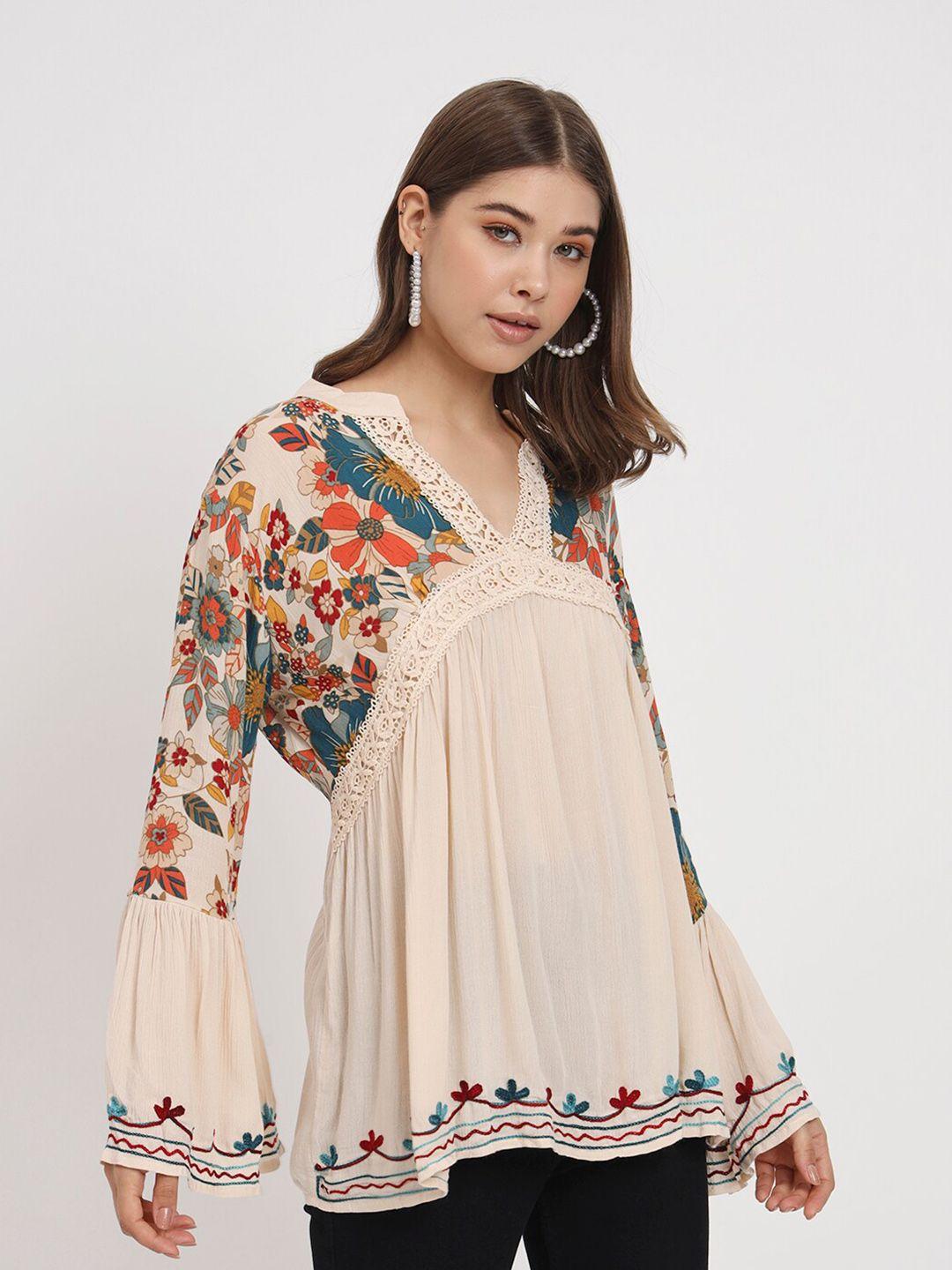 veldress multicoloured floral print bell sleeve crepe styled back top