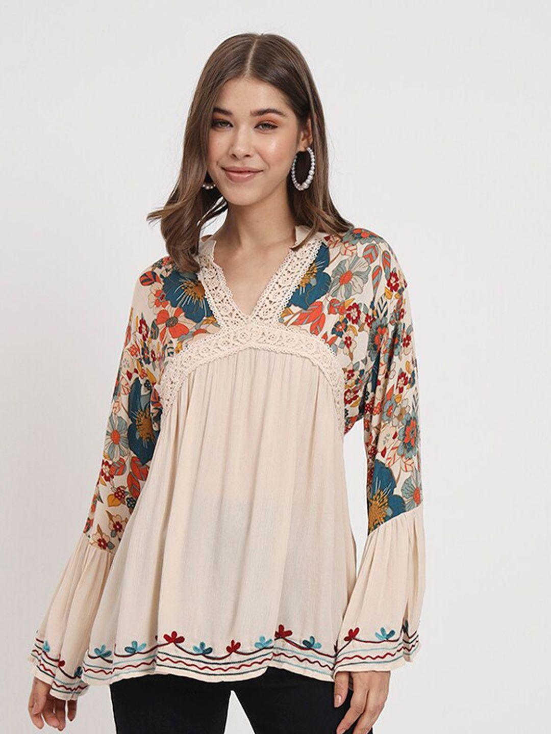 veldress multicoloured floral print bell sleeve crepe styled back top