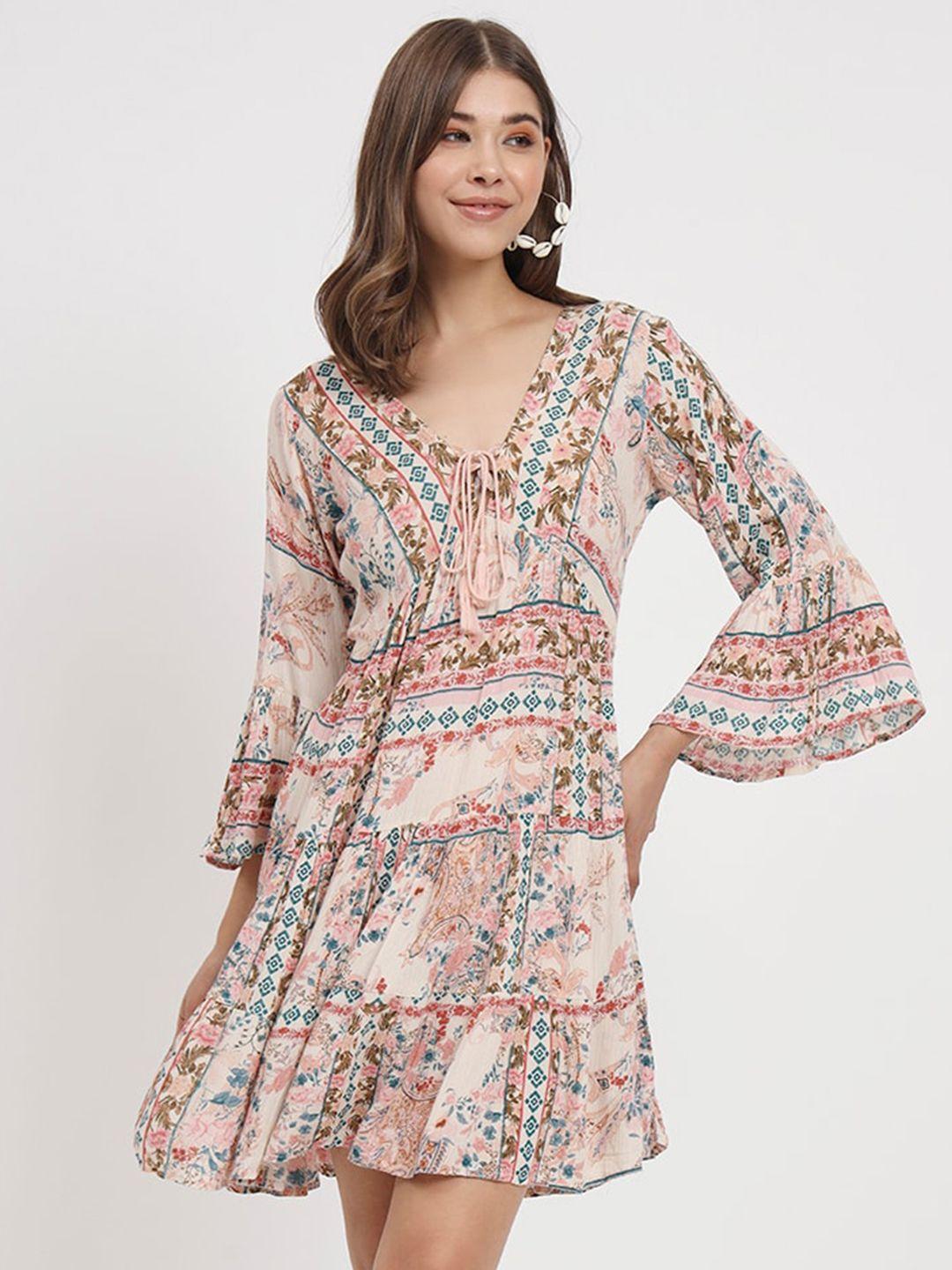 veldress multicoloured floral print bell sleeve ruffled fit & flare dress
