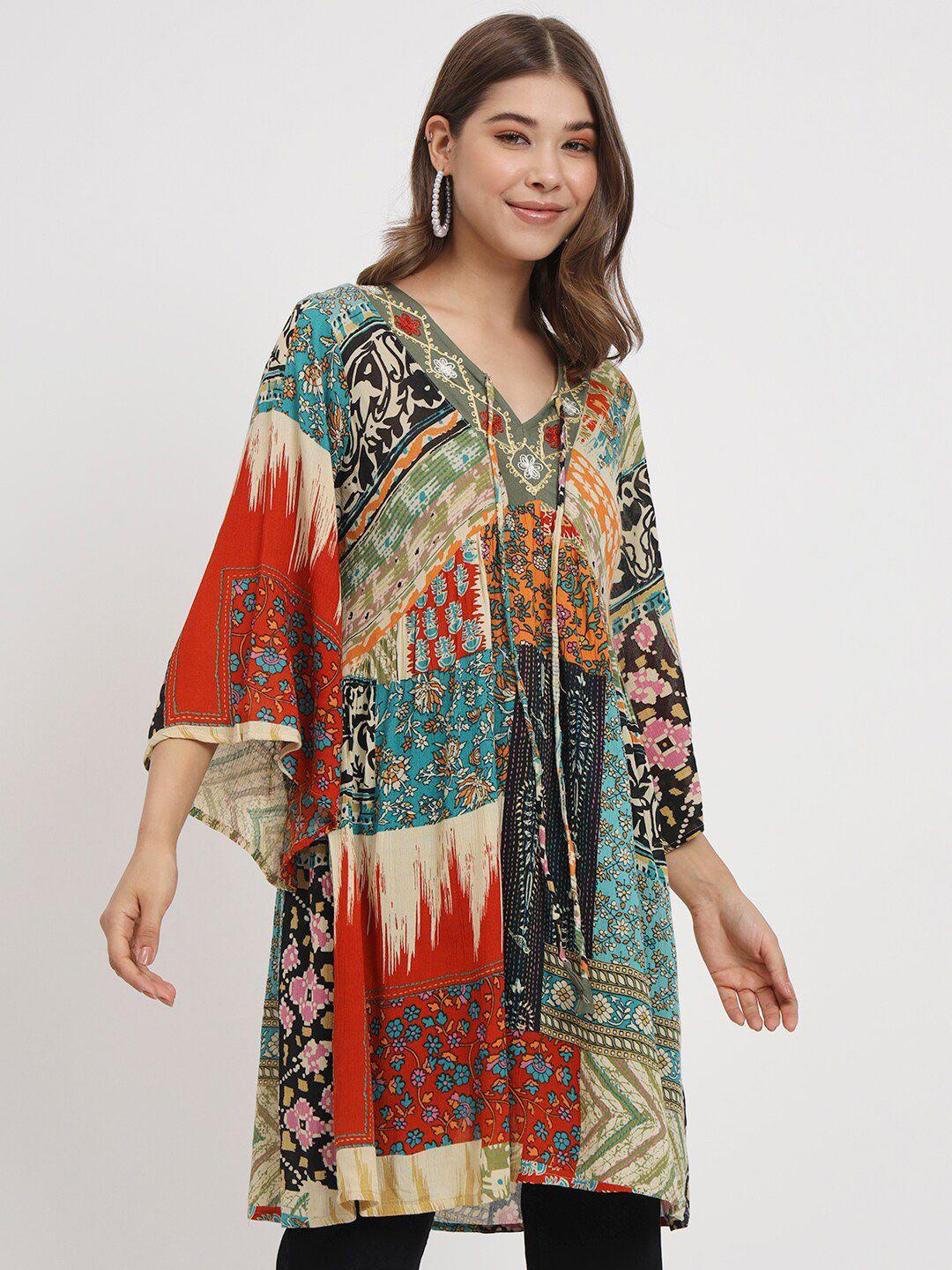 veldress multicoloured print flared sleeve crepe longline top