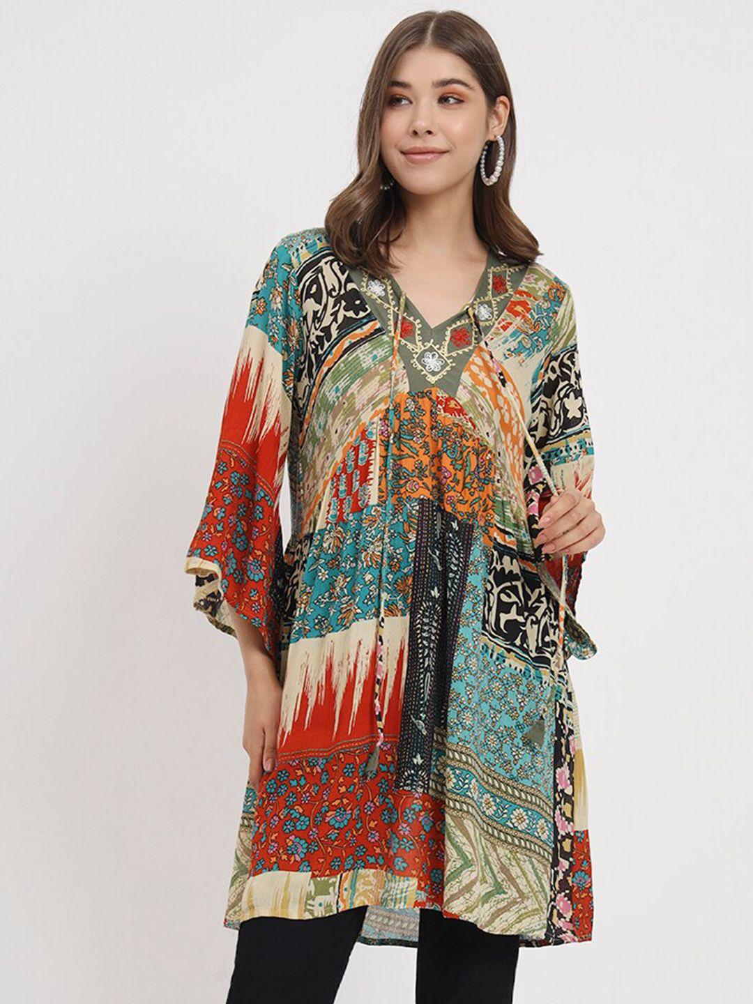 veldress multicoloured print flared sleeve crepe longline top