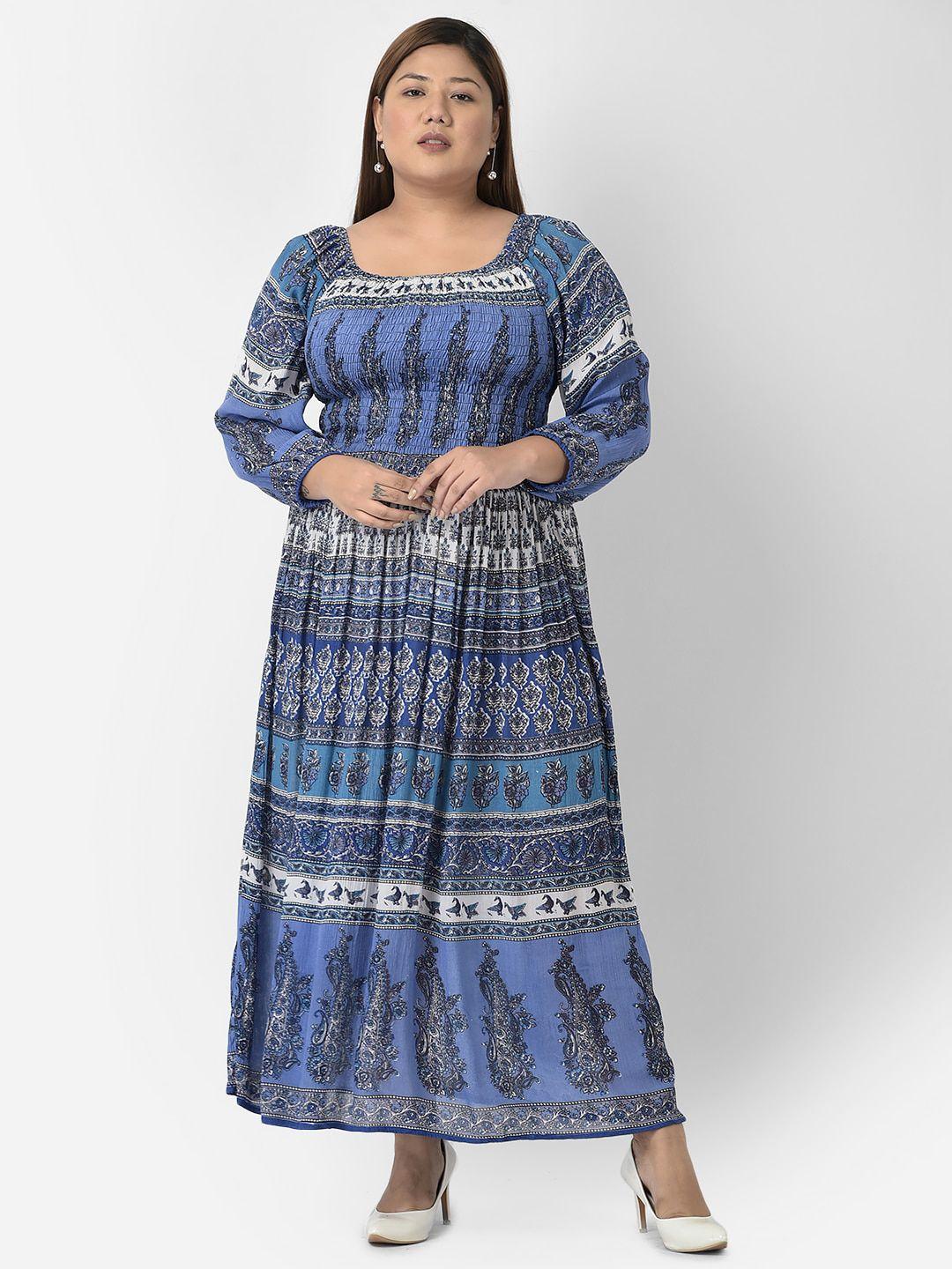 veldress plus size blue ethnic printed long sleeves maxi dress