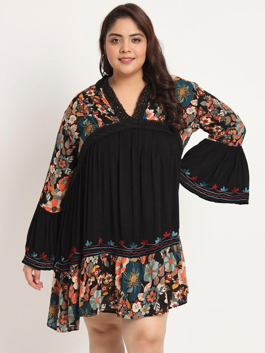 veldress plus size floral printed bell sleeves lace detail a-line dress