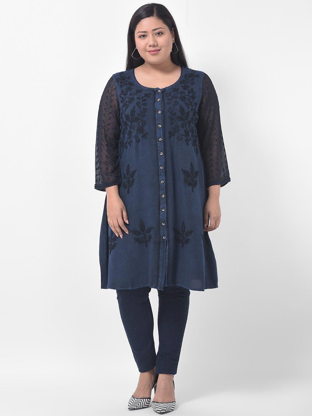 veldress women navy blue floral embroidered thread work kurta