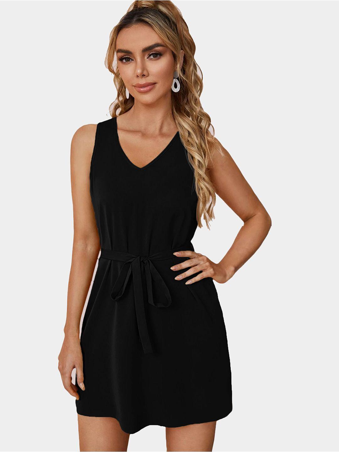 velmita v-neck fit & flare mini dress with belt