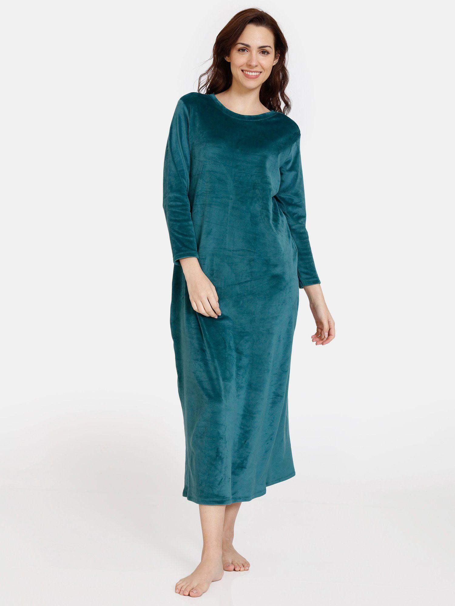 velour knit poly full length nightdress - dark sea - blue