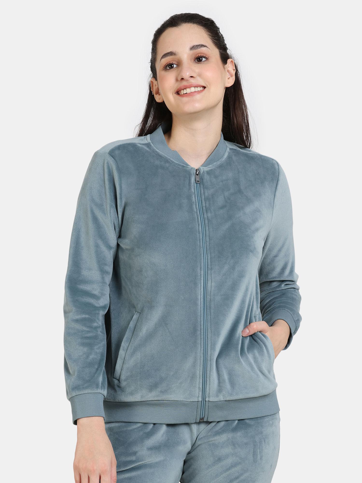 velour knit poly loungewear top - mineral blue