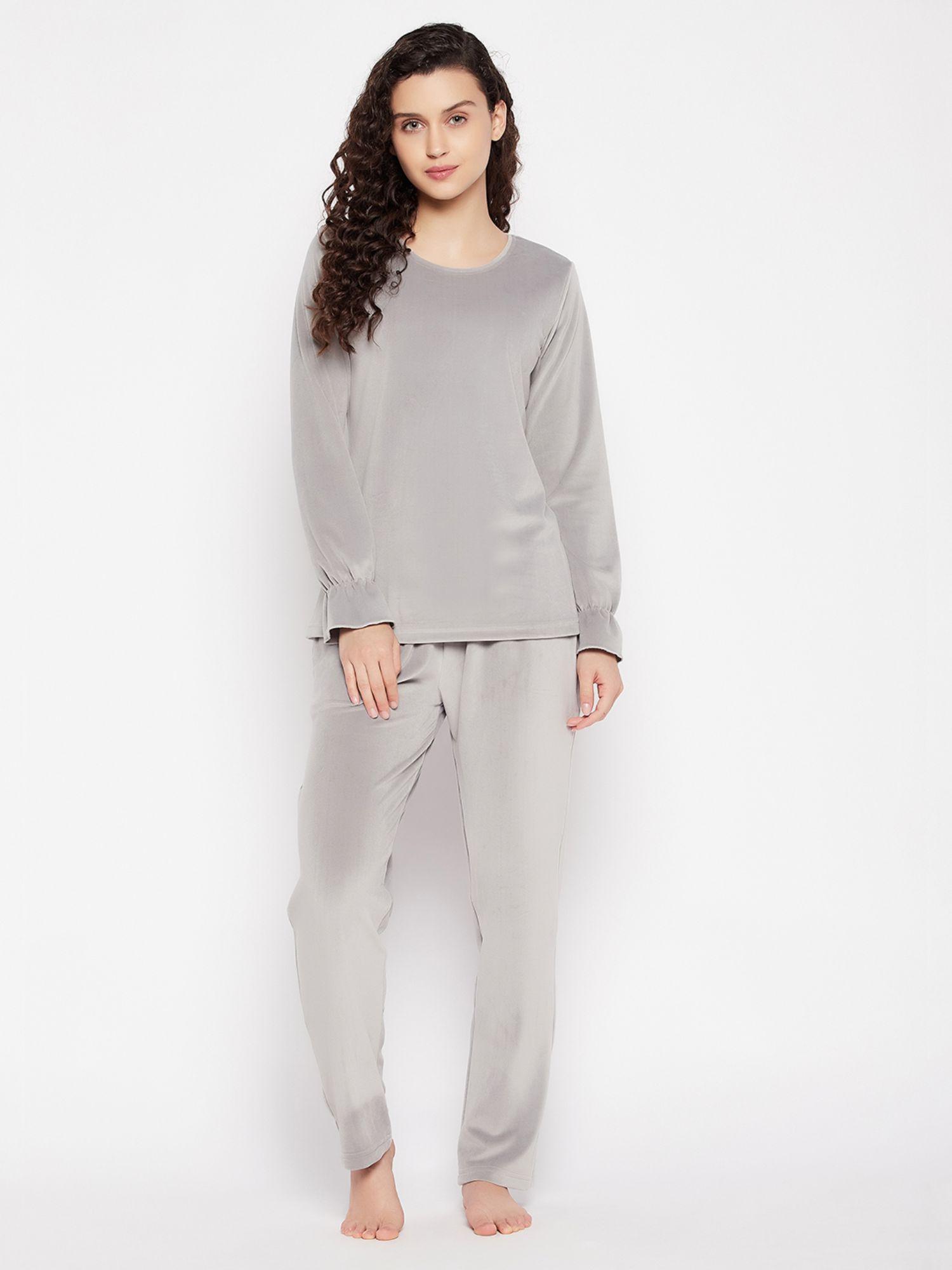 velour solid top & pyjama (set of 2)