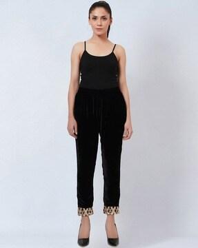 velvet straight pants with lace detail