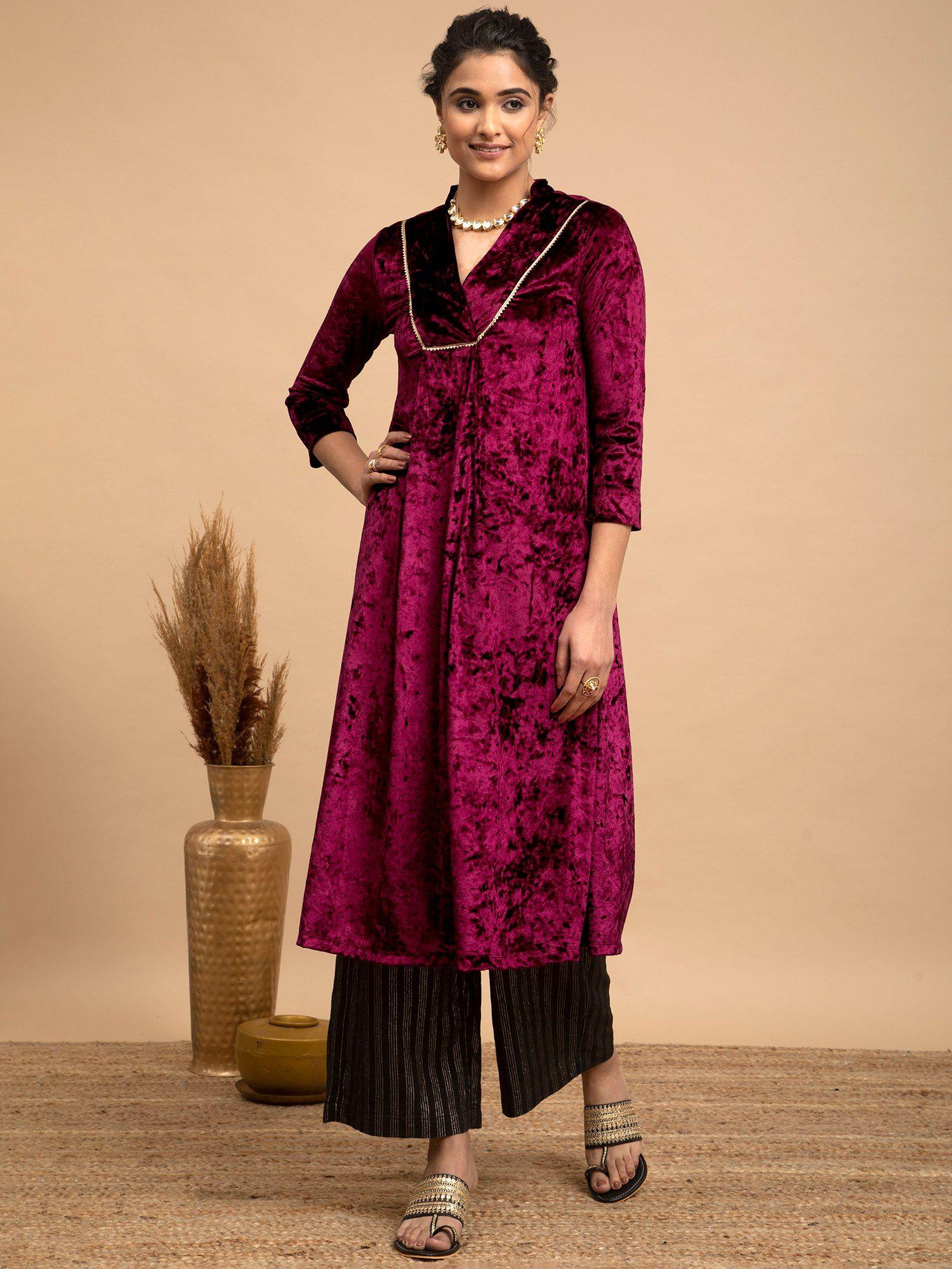 velvet a-line flared kurta-wine (set of 2)