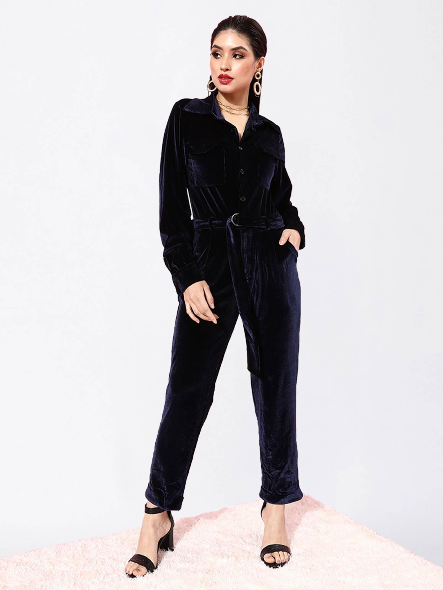 velvet button style full sleeves boilersuit