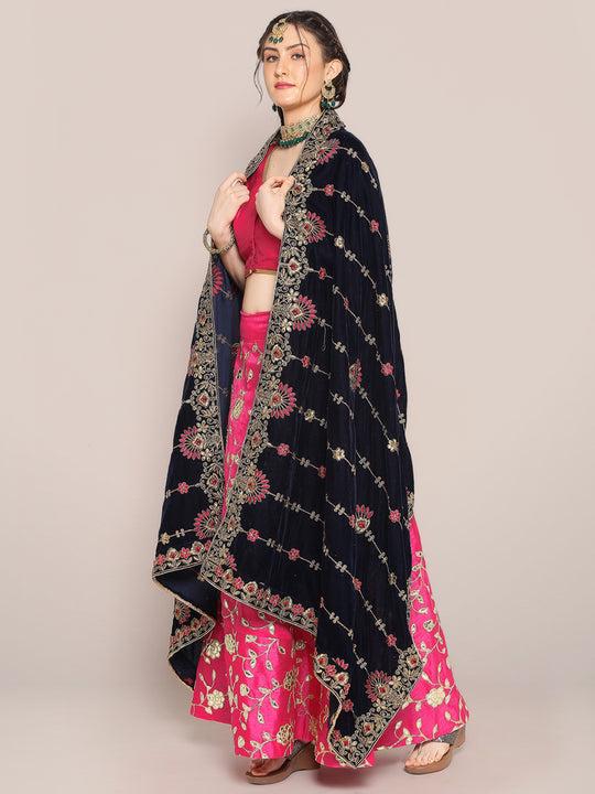 velvet dupatta with floral embroidery