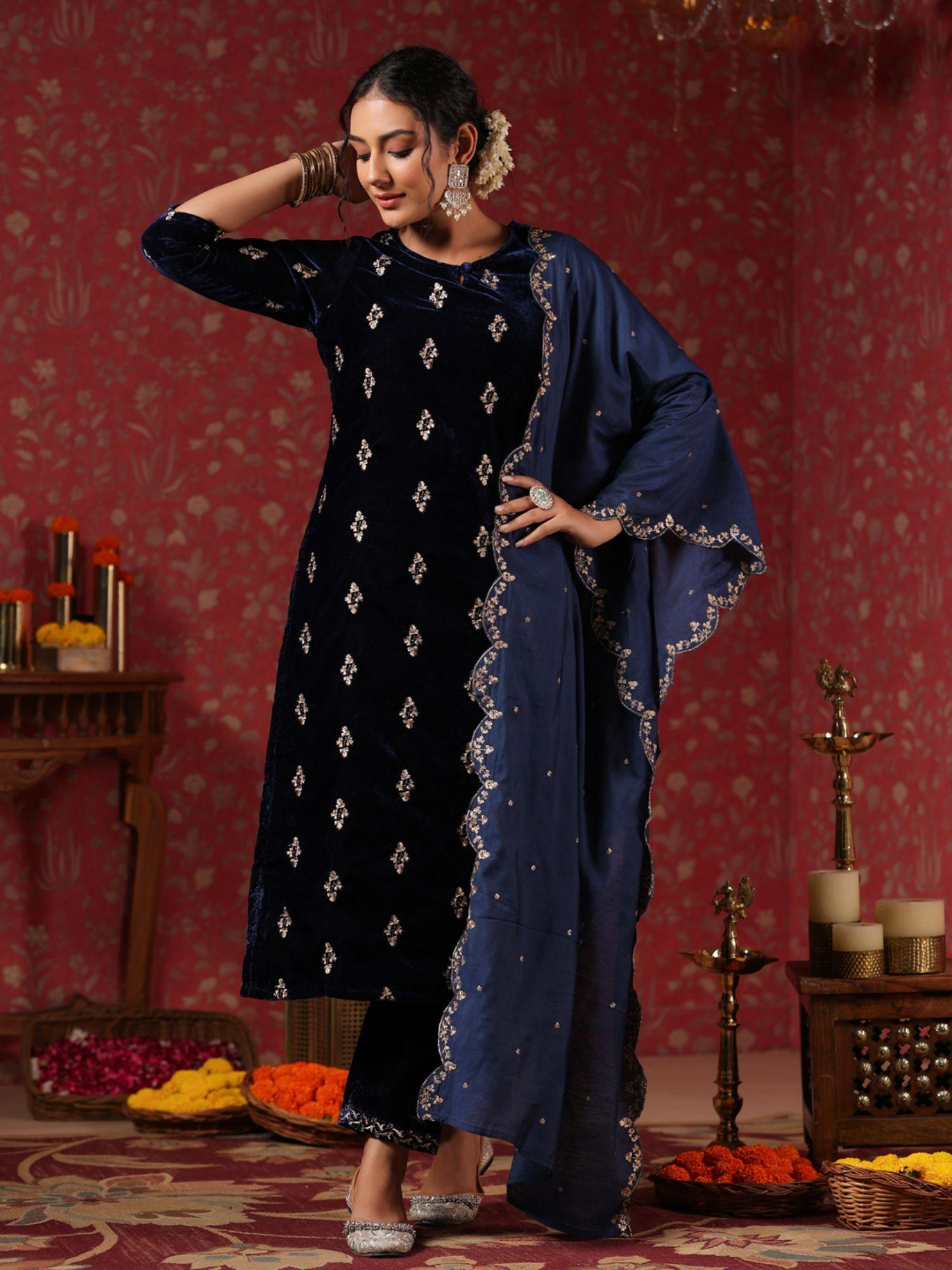 velvet embroidered navy blue straight kurta with pant & dupatta (set of 3)