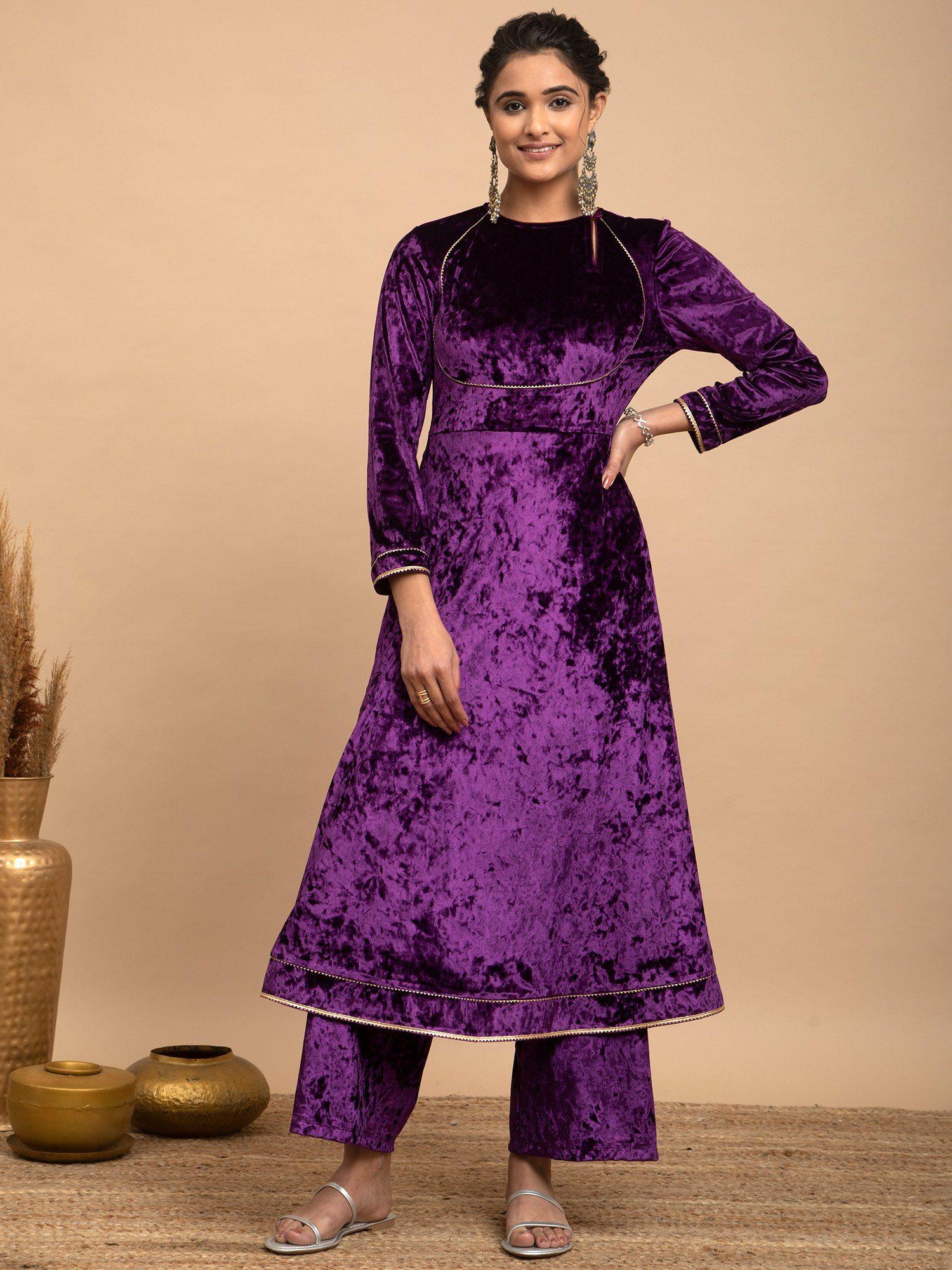 velvet flared kurta-purple