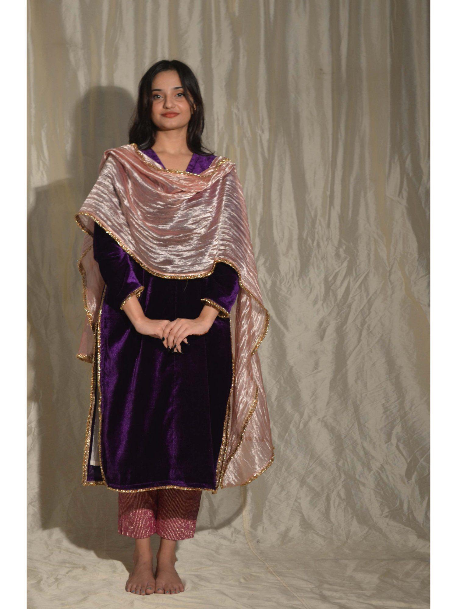 velvet kurta with tissue dupatta purple (set of 3)