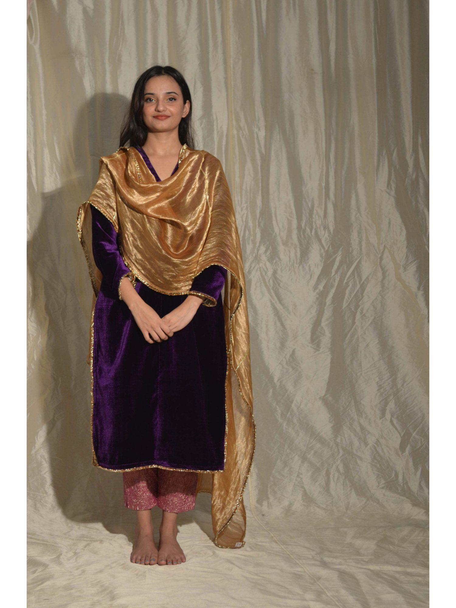 velvet kurta with tissue dupatta purple (set of 3)