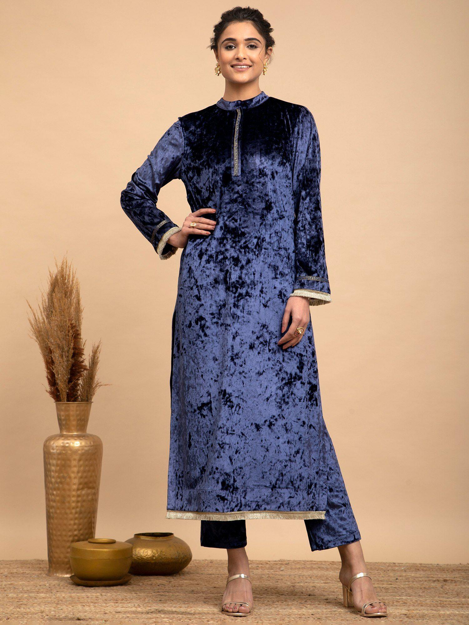 velvet long kurta navy blue (set of 2)