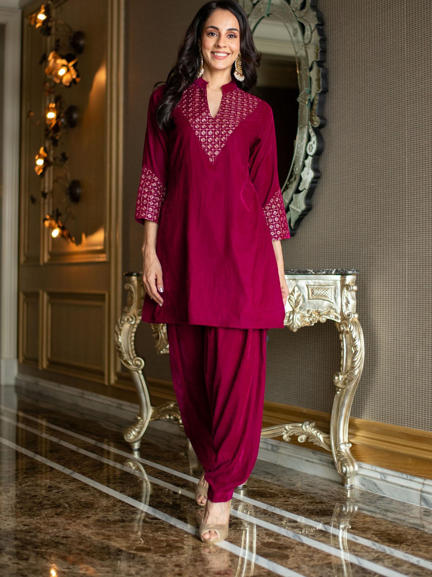 velvet magenta kurti with salwar (set of 2)