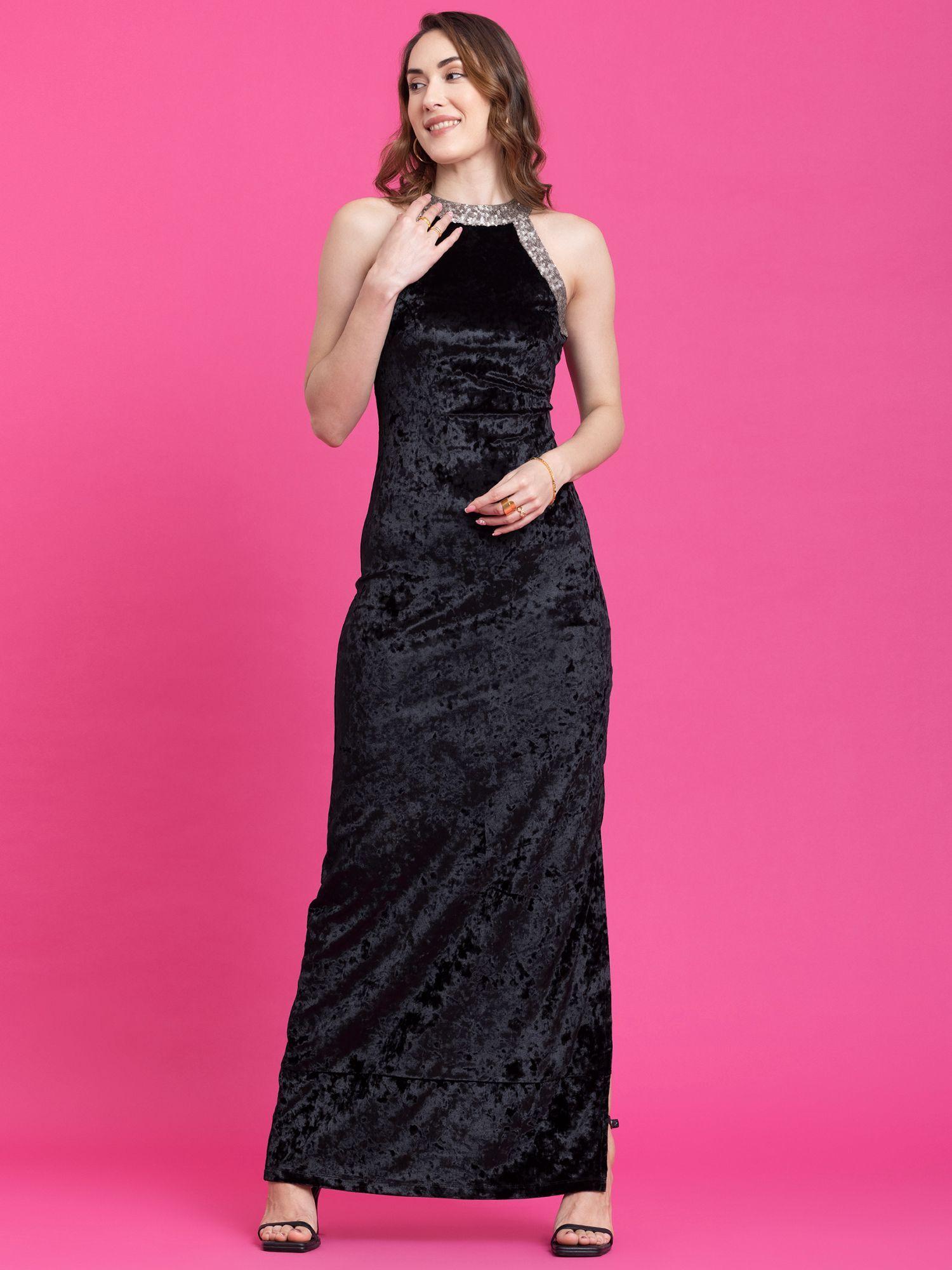 velvet maxi a line dress black