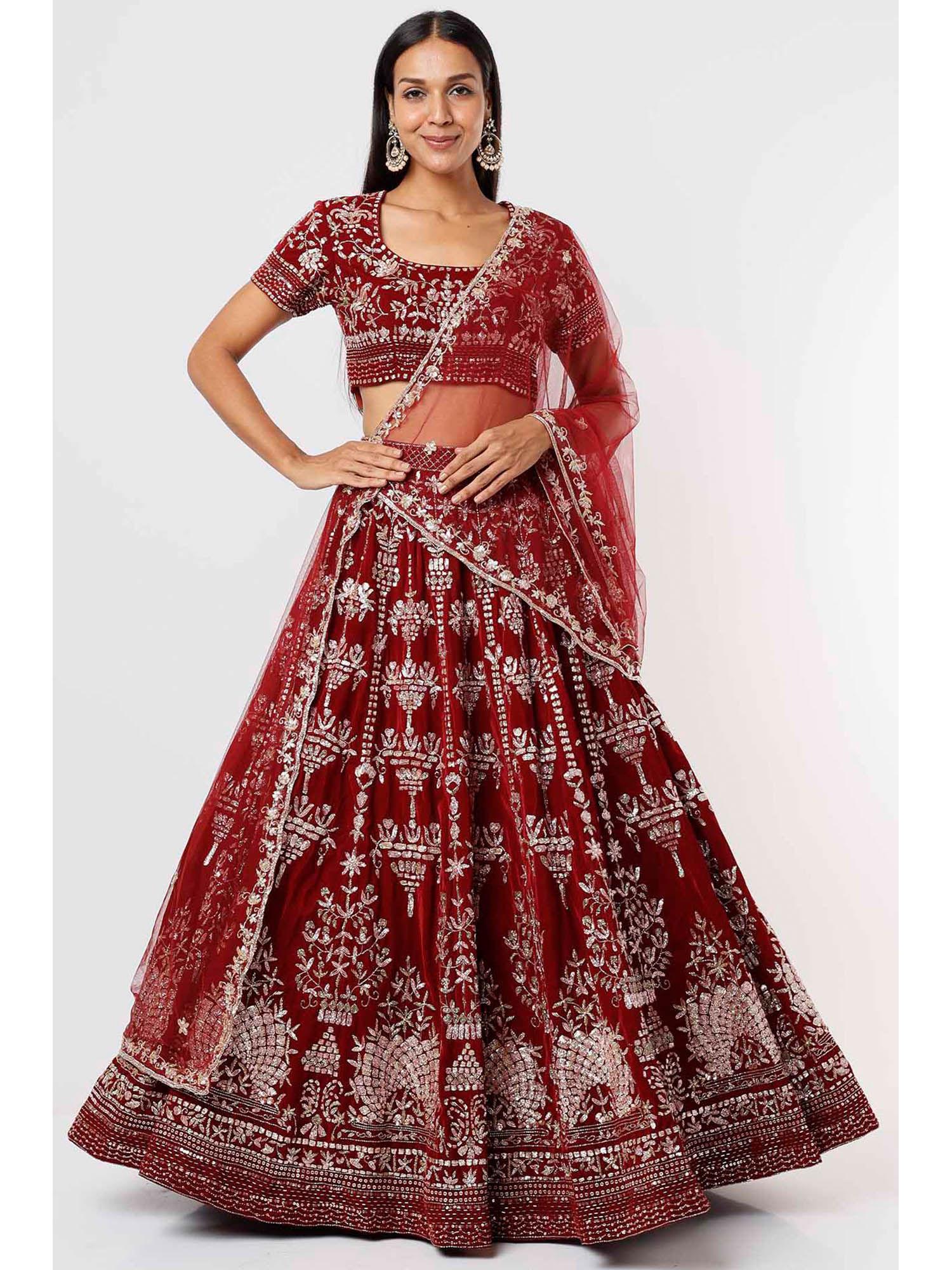 velvet red embroidered lehenga with blouse and dupatta (set of 3)