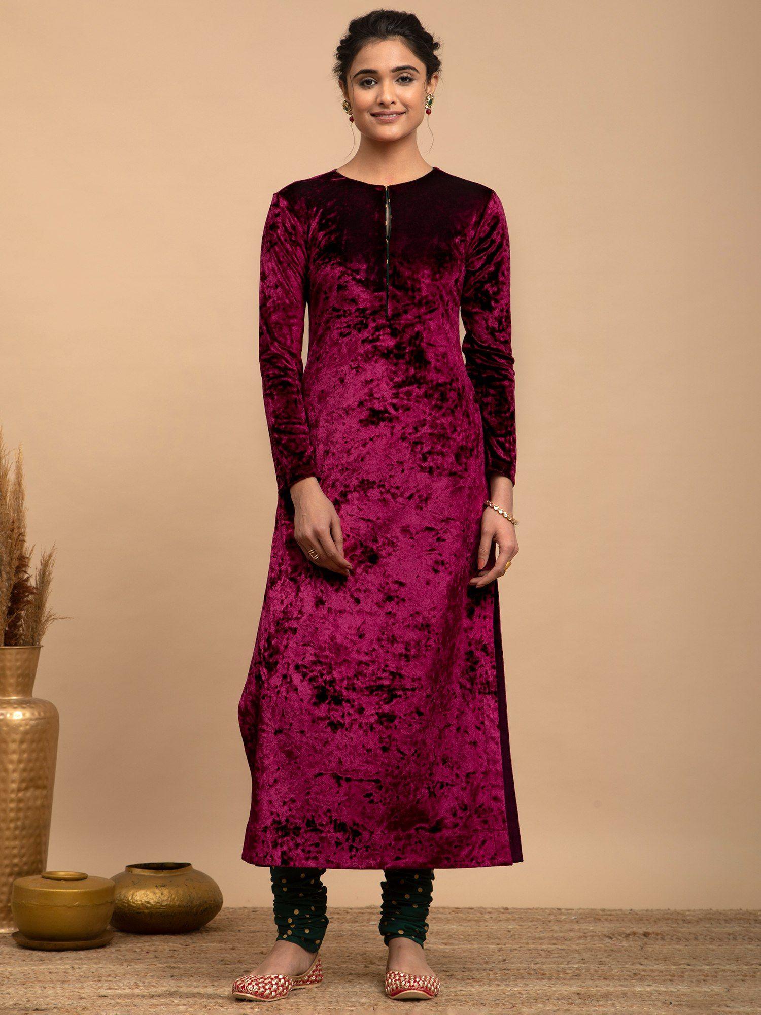 velvet round neck kurta-wine