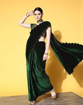 velvet saree with embroidered blouse