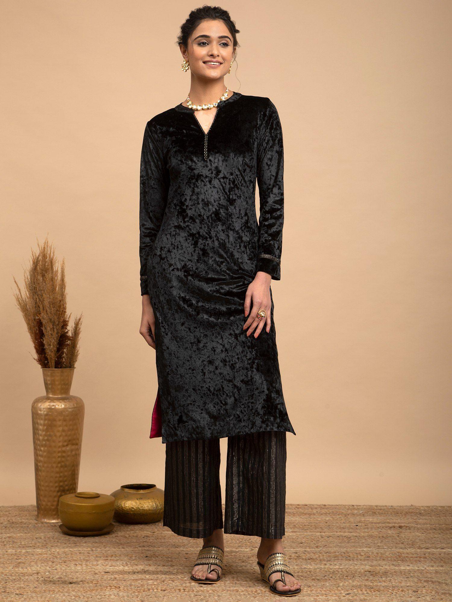 velvet v-neck kurta-black