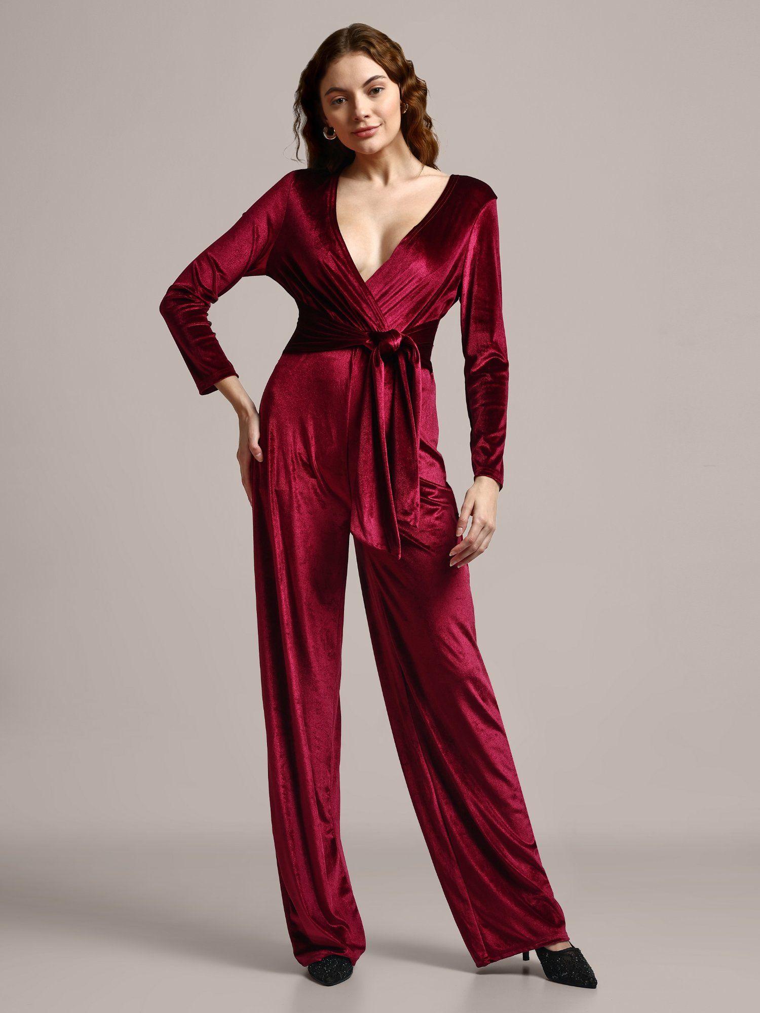 velvet v-neck long sleeve wide leg jumpsuit