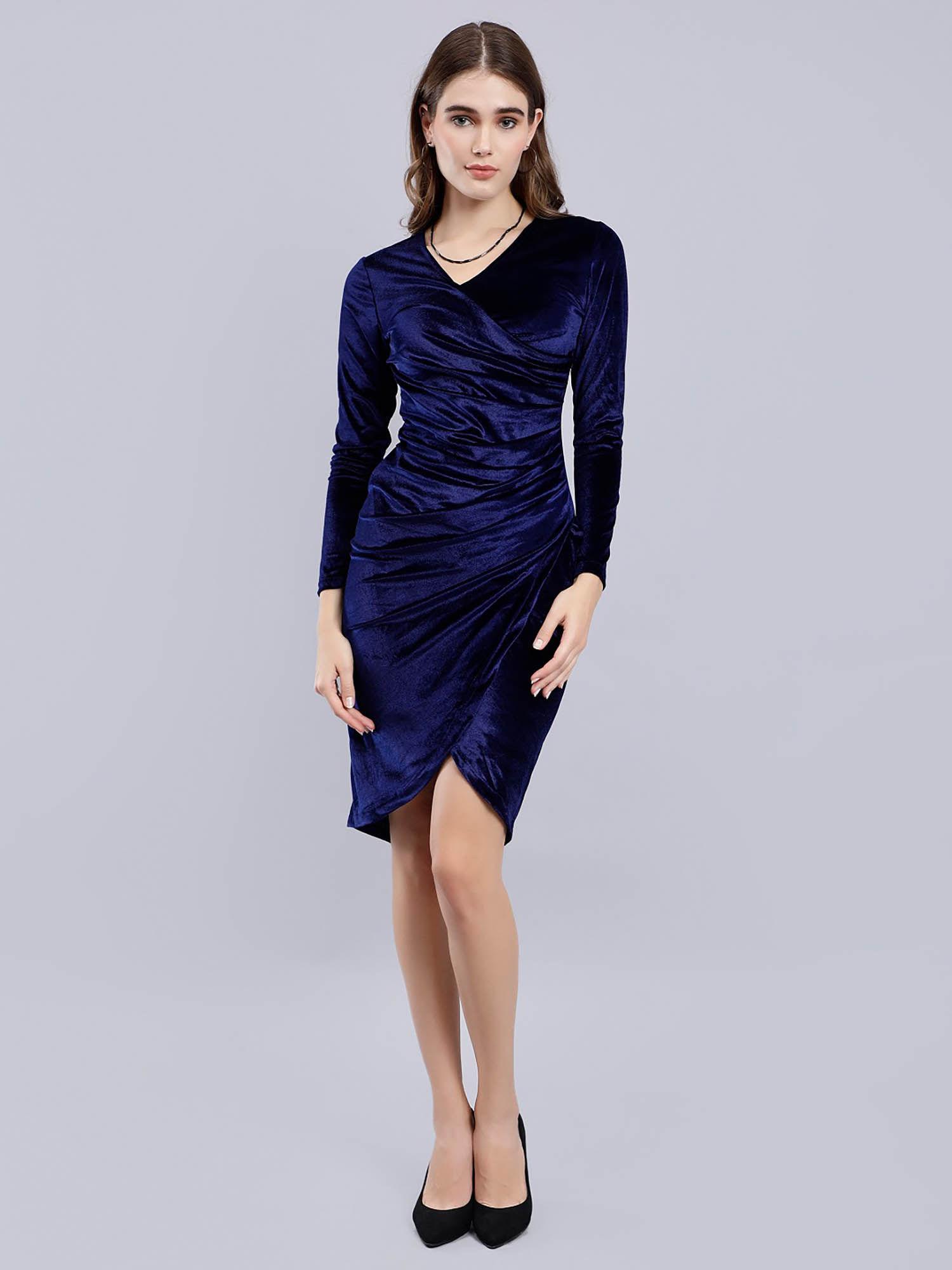 velvet wrap up details bodycon dress navy blue