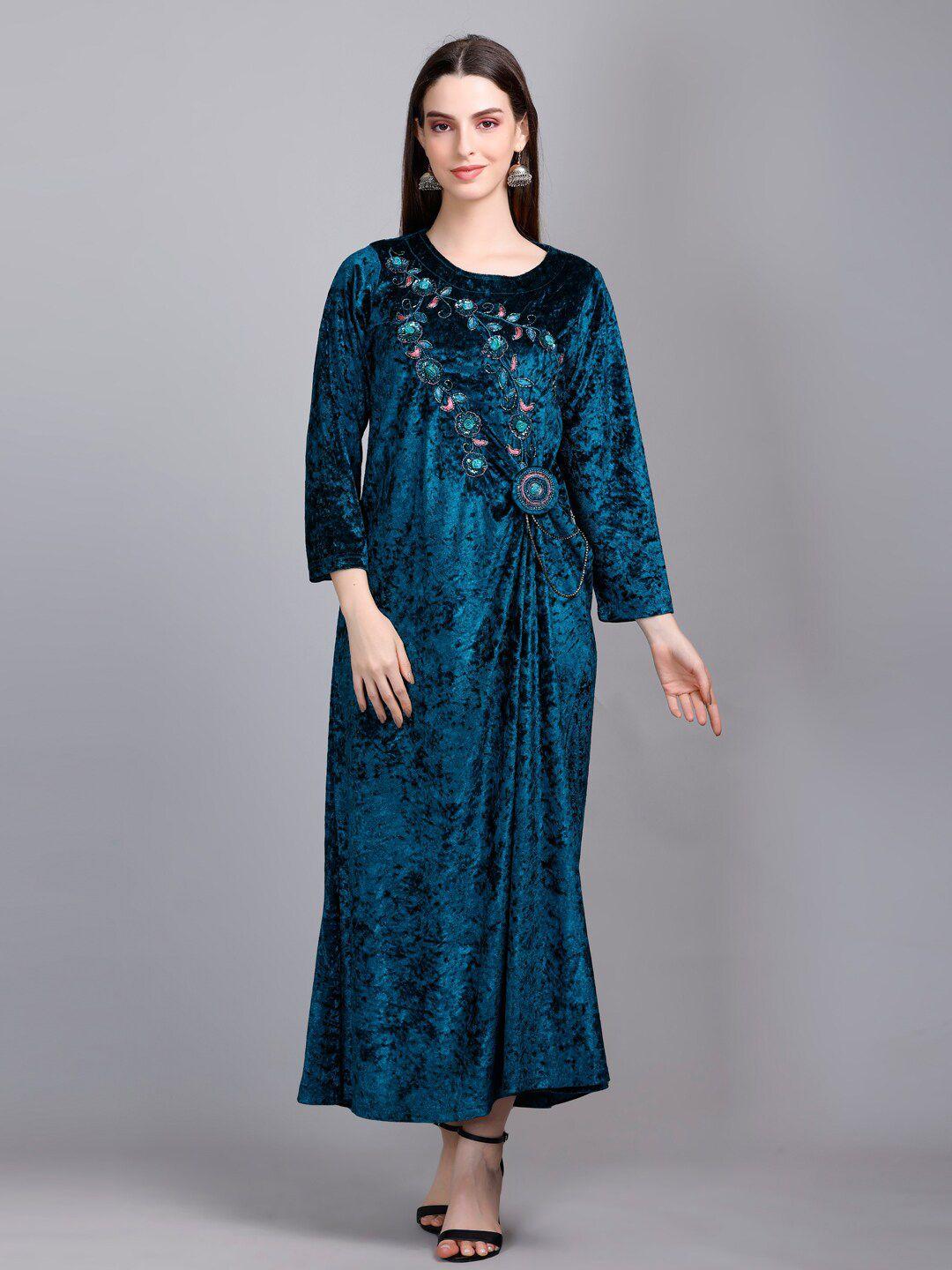 velvtine blue woollen embroidered woollen velvet a-line maxi dress