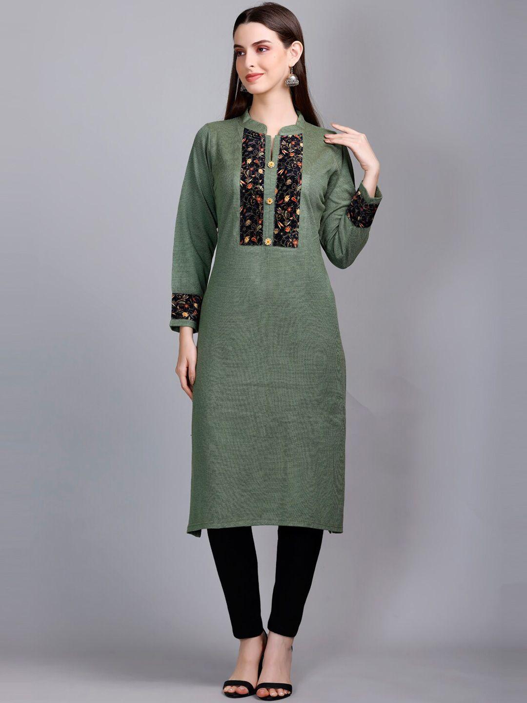 velvtine  mandarin collar patchwork pure wool kurta with trousers & dupatta