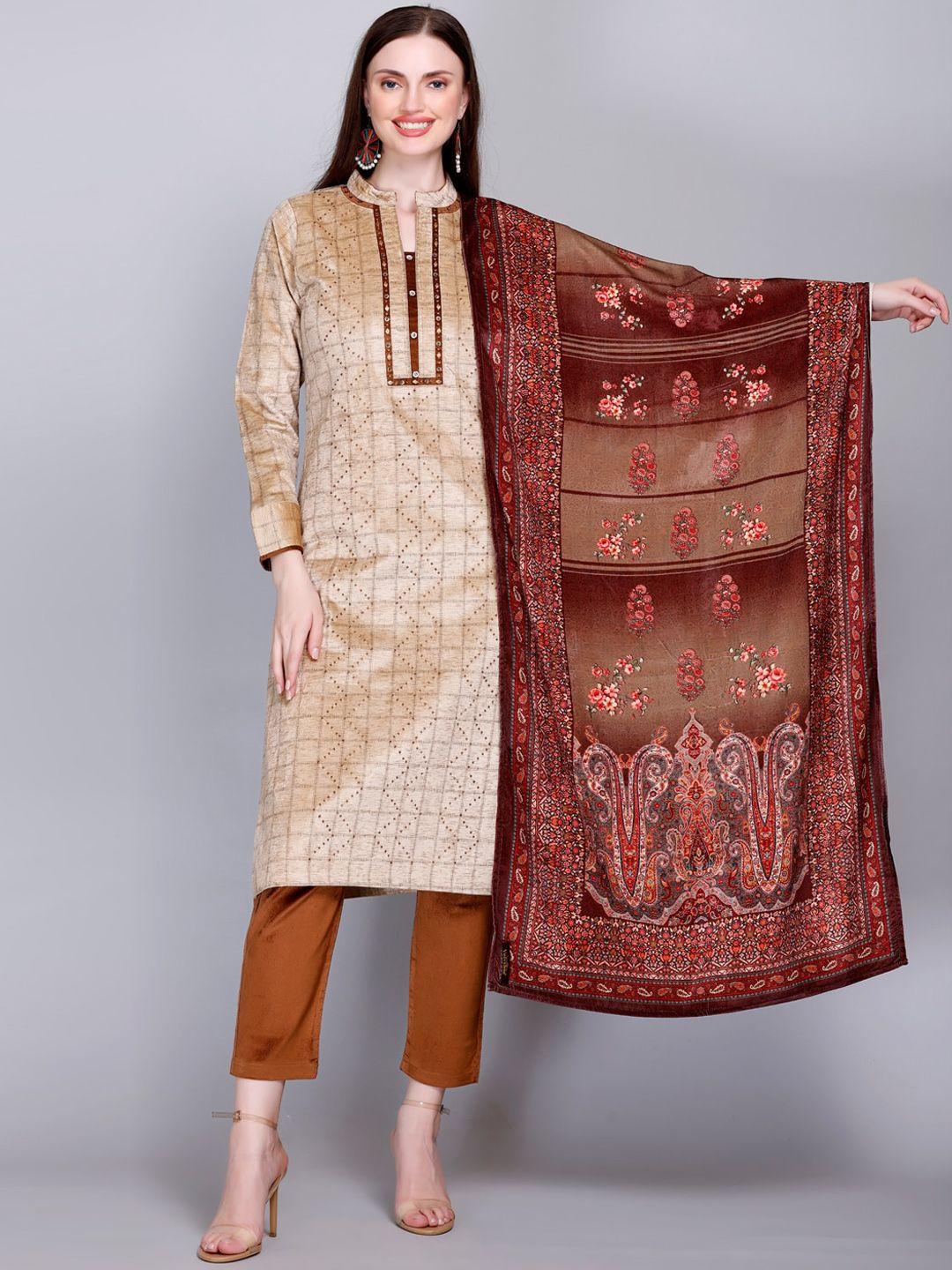 velvtine checked beads and stones pure wool kurta with trousers & dupatta