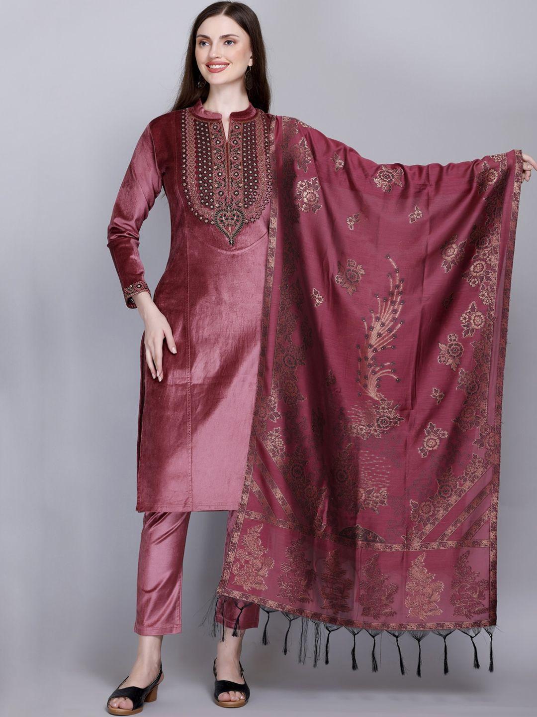 velvtine embroidered mandarin collar regular pure wool kurta with trousers & dupatta