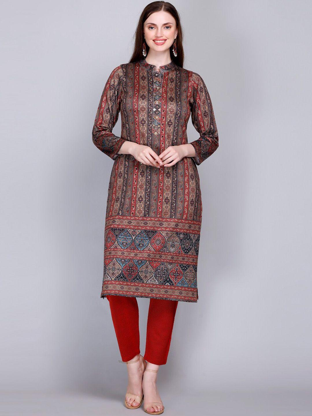 velvtine ethnic motifs printed regular pure wool kurta with trousers