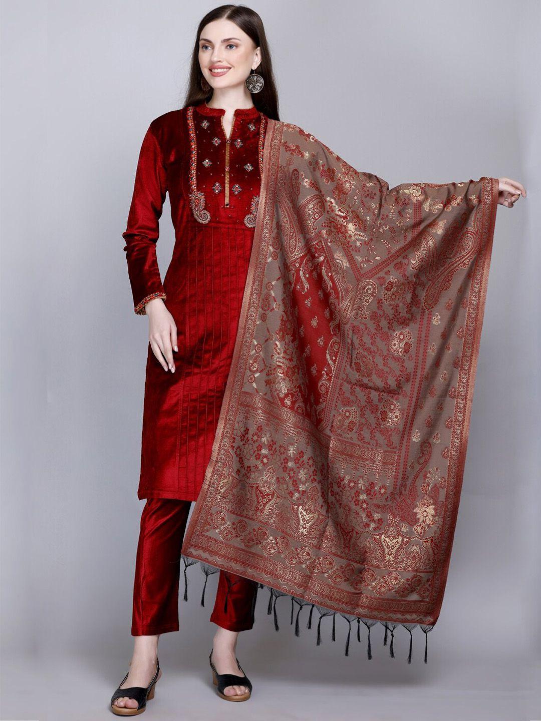 velvtine floral yoke design pure wool kurta with trousers & with dupatta