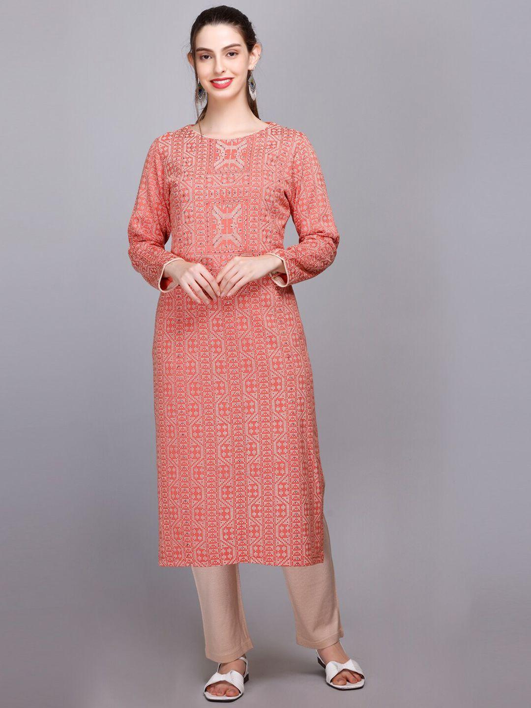 velvtine geometric printed regular pure wool kurta with trousers &  dupatta