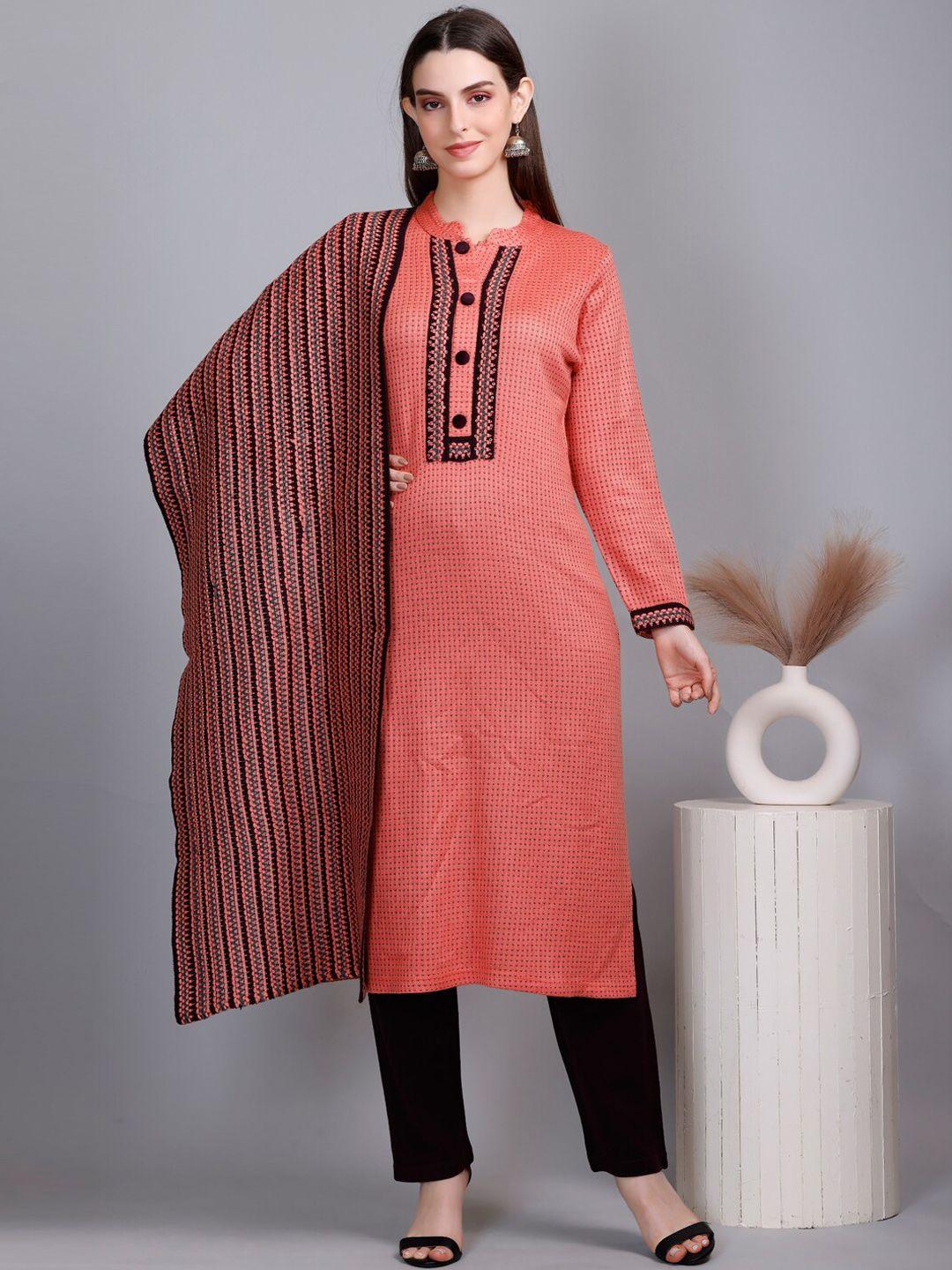 velvtine mandarin collar regular pure wool kurta with trousers & dupatta