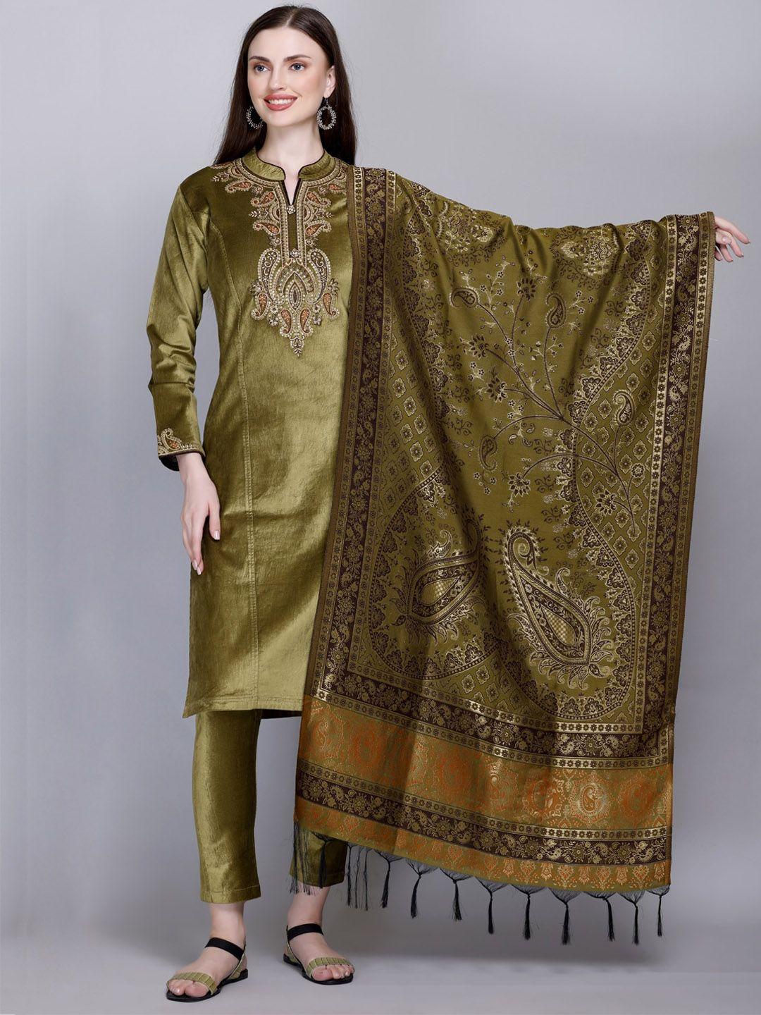 velvtine paisley yoke design regular pure wool kurta with trousers & dupatta