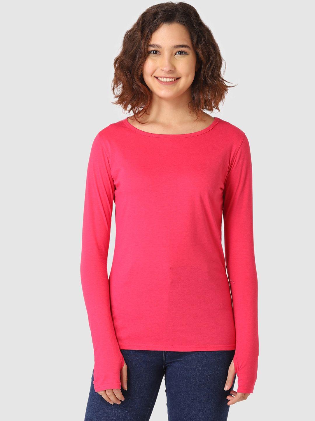 vemante women fuchsia pink solid round neck t-shirt