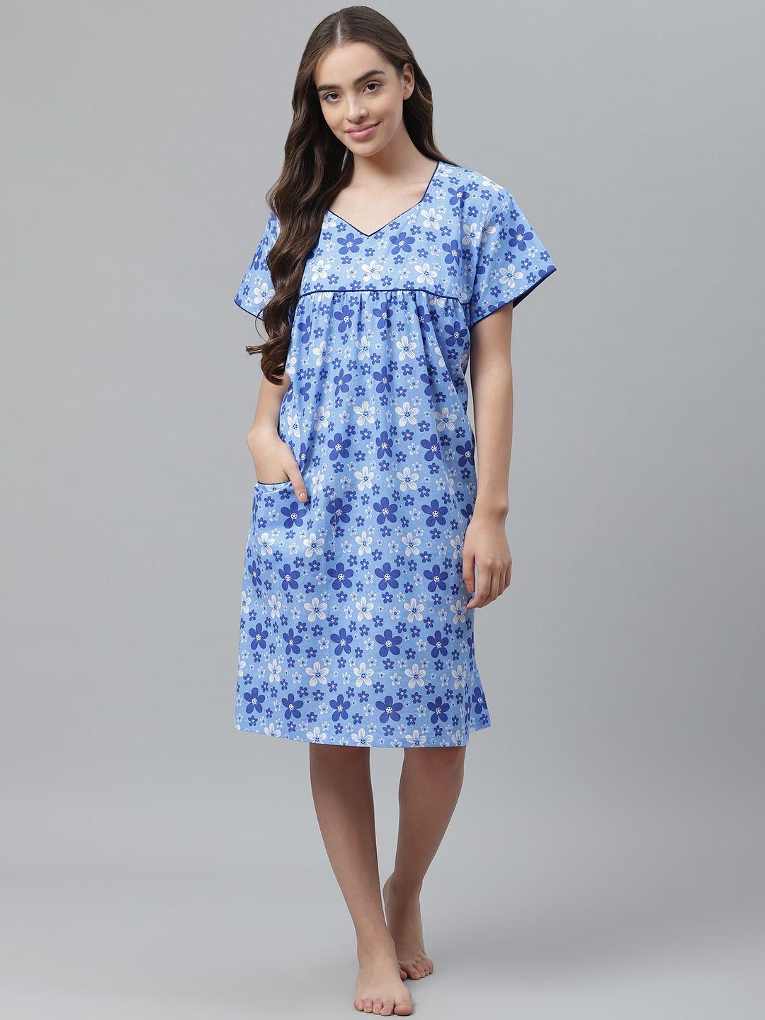 vemante blue & white cotton floral print knee length nightdress