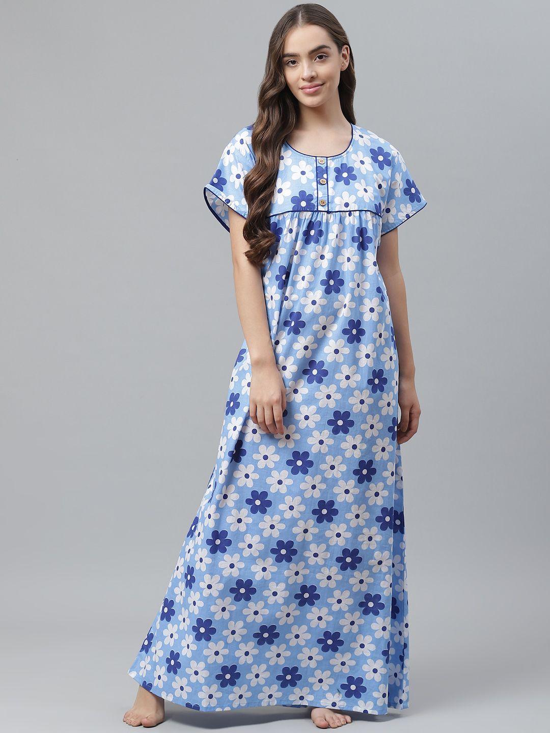 vemante blue & white cotton floral print maxi nightdress