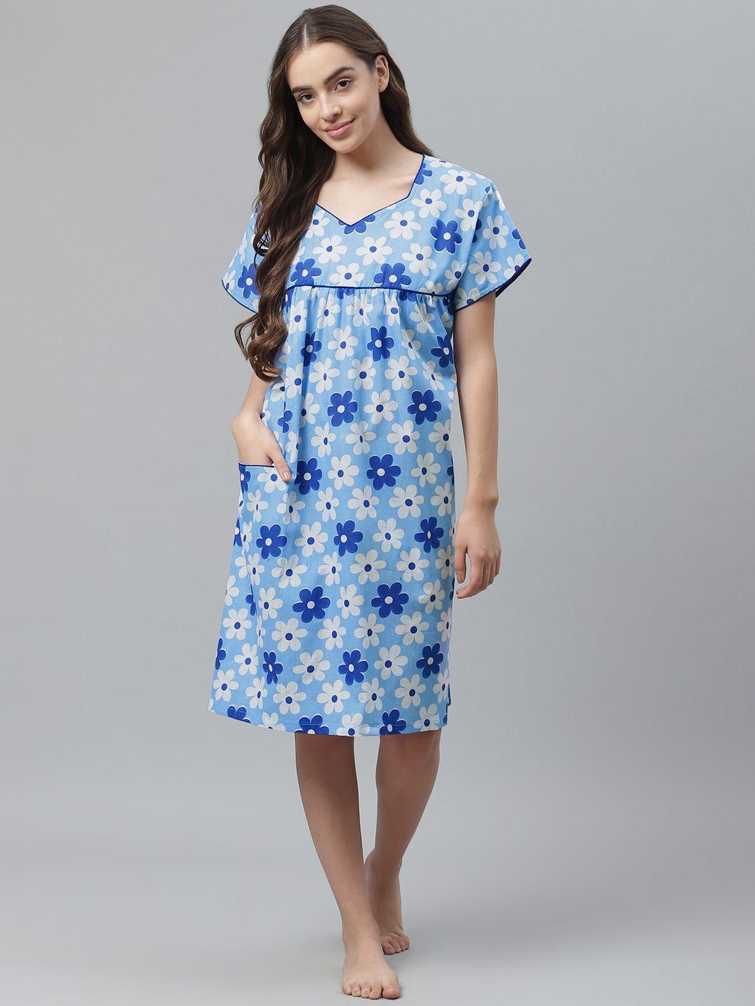 vemante blue & white floral printed pure cotton nightdress