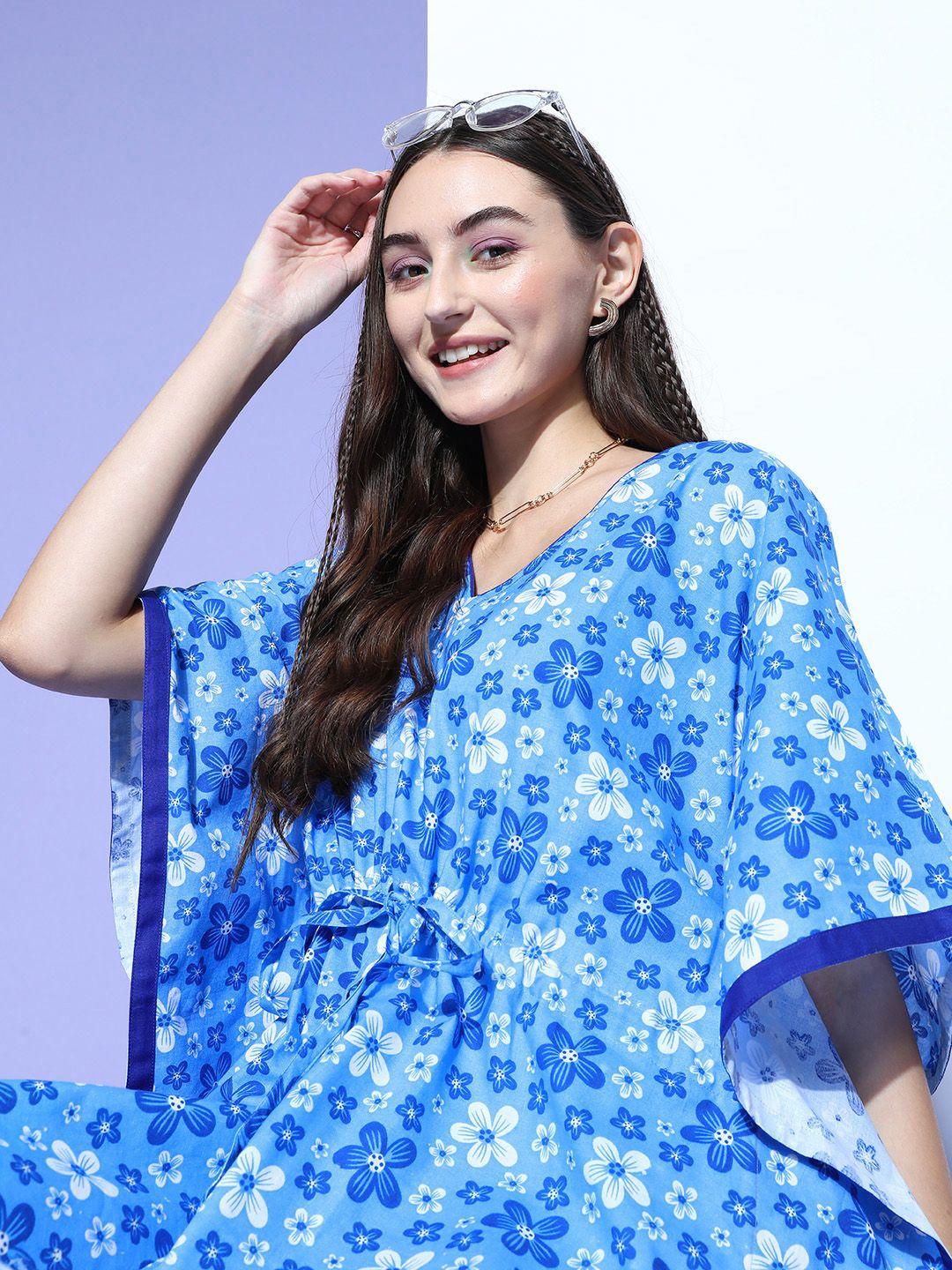 vemante blue new age kaftans floral adjustable waistline nightdress